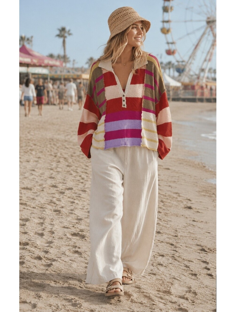 Loveriche Med Multicolor Cotton B Striped Patchwork Knit Sweater Collared Chunky